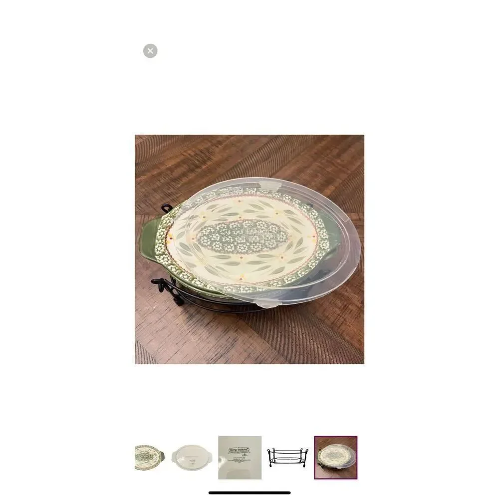 Temptations Presentable Ovenwear 1.5 QT Baking Dish Green Old World Floral 3Pc